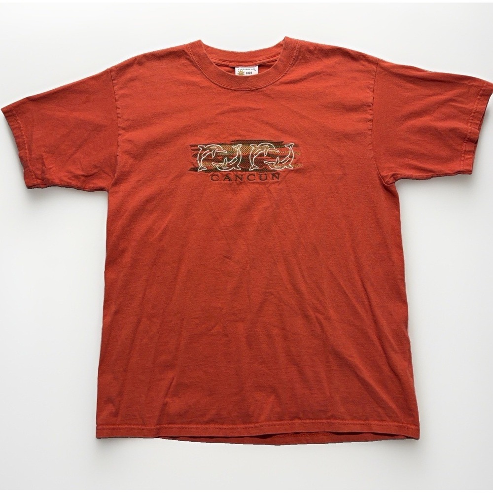Vintage Cancun Mexico Nature T Shirt L Orange Embroidered Graphic Dolphin Beach